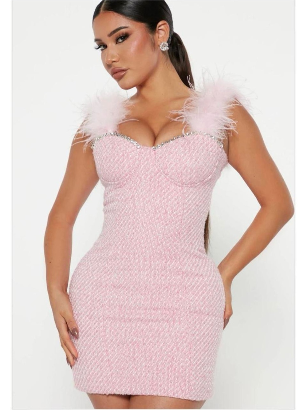 Fashion Nova Pink Feather-Trimmed Sweetheart Bodycon Mini Dress